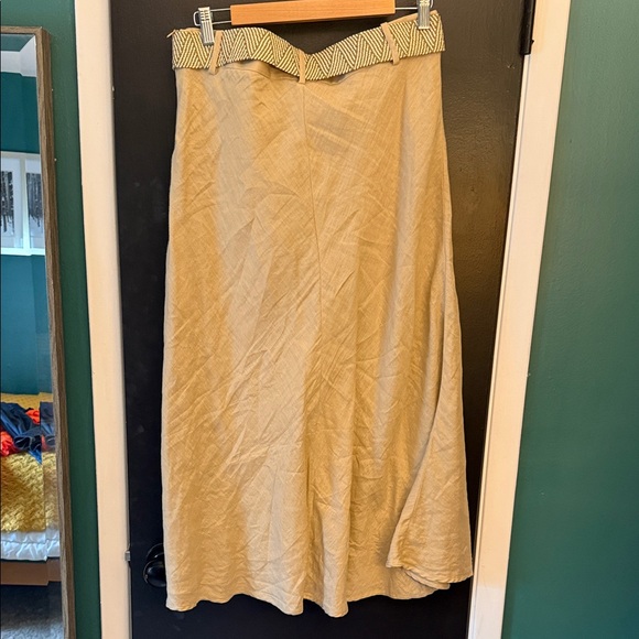 Zara Neutral Beige A-Line Linen Midi Skirt with Woven Belt sz XL - Picture 4 of 4